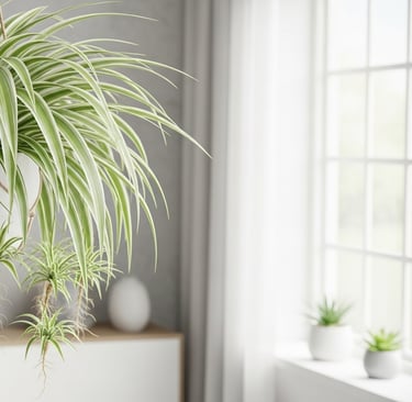 Una frondosa Planta Araña (Chlorophytum comosum) con hojas arqueadas a rayas y varios hijuelos