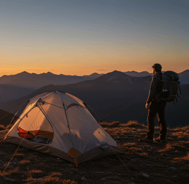 Man camping on top of hill with mountain view with best 2 person camping tent
