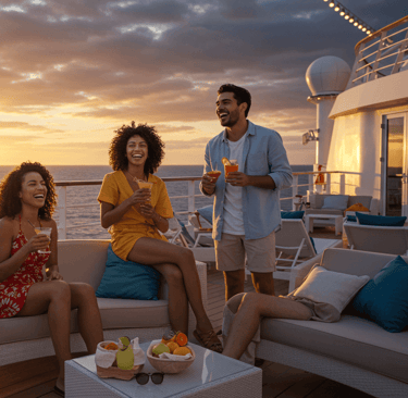 Couples' cruise clothing people sitting on a deck deck 
