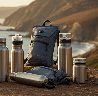 a variety of stainless steel water bottles and a backpack