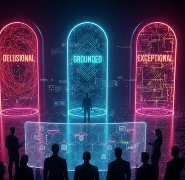Investor perception filter showing founders categorized as delusional, grounded, or exceptional