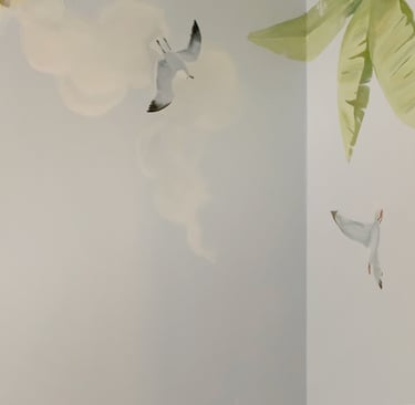Hand-painted nursery mural sky with seagulls, clouds, and soft morning light — part of an Australian wildlife theme