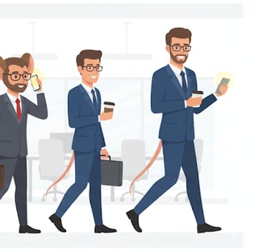 Evolución de ratón a ser humano en traje, crítica visual al progreso y la comodidad moderna. Relato 