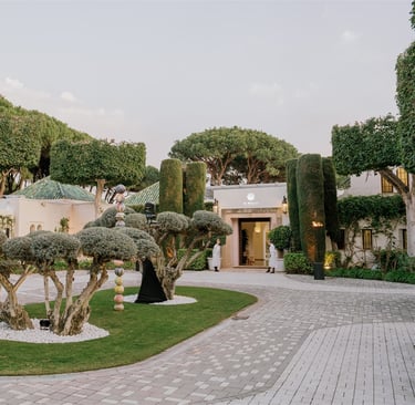 Villa El Rincon main entrance with olive-tree framed rotunda