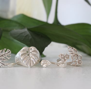 seven botanical plant rings arranged in front of a green leafy background