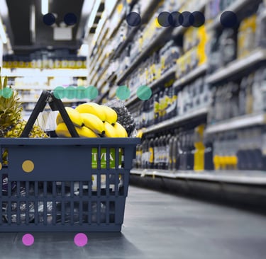 Image of a shopping basket with a graph overlayed to symbolise AI in retail