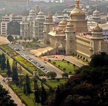 Aerial view of a city featuring a road lined with trees, surrounded by buildings and green grass, sh