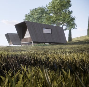 a house with a large grass field and trees