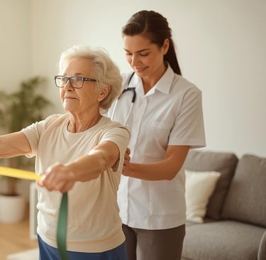 “Elderly patient doing physiotherapy with therapist.”