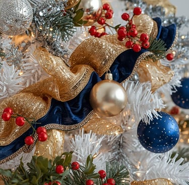 Christmas tree with velvet and satin ribbons in gold, blue and gold draped among ornaments.