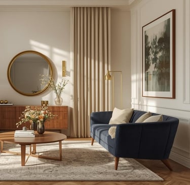 a modern living room with a couch, chairs, and a mirror with a golden touch