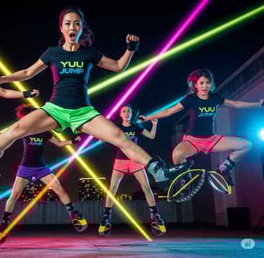 a group of asian women in neon - lite up to their kangoo jumps