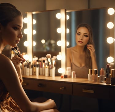 a woman is sitting in front of a mirror