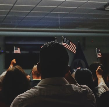 Close-up of a group with American flags, illustrating student experiences and cultural dynamics