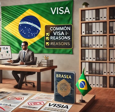 Consultor explicando motivos de recusa de vistos em escritório da AmericaJá, com bandeira do Brasil e mapa de Cuiabá ao fundo