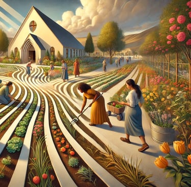 Uma comunidade acolhedora, com pessoas de diferentes idades e etnias trabalhando juntas em Fé cristã