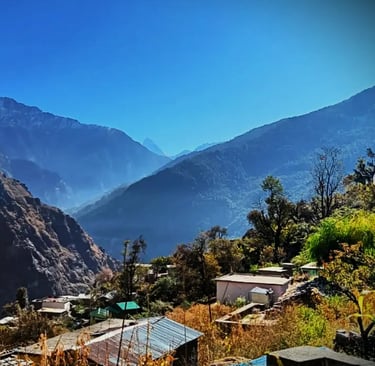 Mountain village with scattered houses