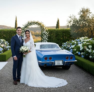 Novios junto a Corvette C3 Stingray 1968 azul en finca de bodas, coche clásico de alquiler en España.