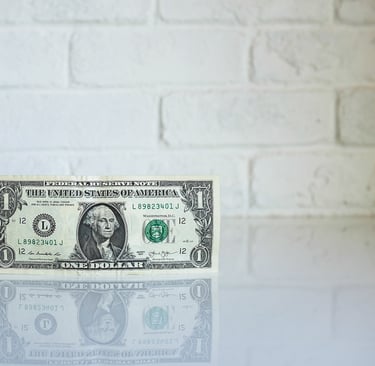 A dollar bill standing upright in front of a white brick wall