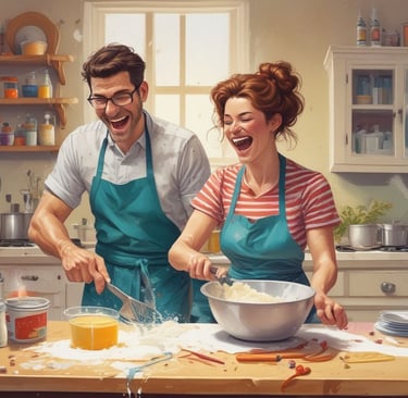 Funny sketch of a happy couple baking a messy cake together in a chaotic kitchen, laughing.