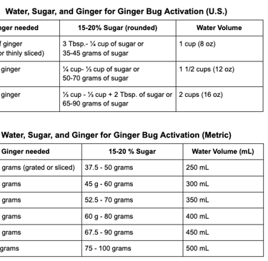 Ginger bug activation sugar, ginger, and water amounts