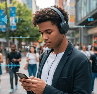 Pessoa usando fones de ouvido com volume seguro demonstrando práticas de proteção auditiva saudável