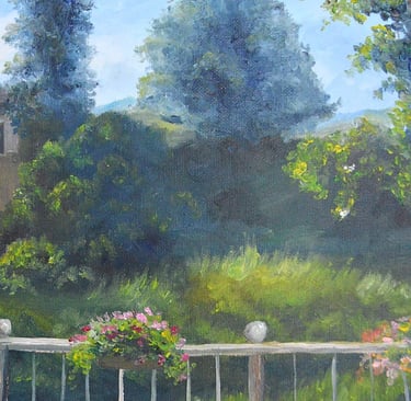 a painting of a house with a fence and flowers