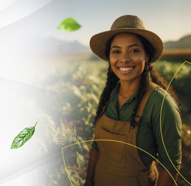 Mulher sorridente usando chapéu de palha e jardineira marrom em uma plantação