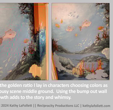 Step-though photo series on how to paint an interior mural, four panels showing seven days progress.