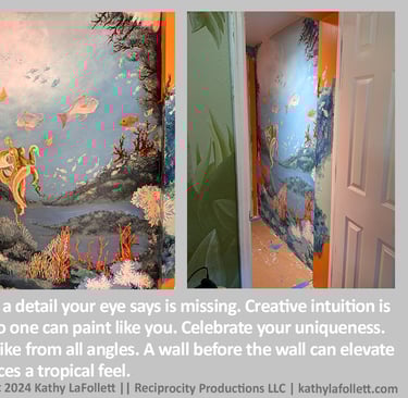 Four panel photo walk-through of how to paint a bathroom wall with a bump out mural of a coral reef.