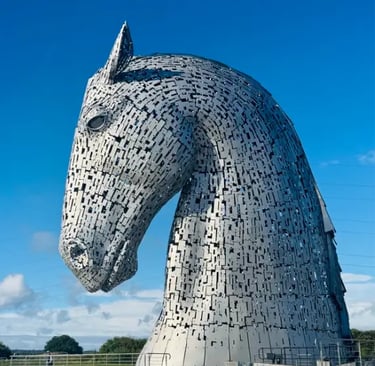 The Kelpies Horse statues. Duke looking down