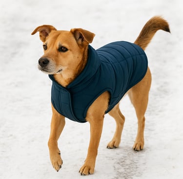 Dog enjoying a winter walk with a coat on a snowy sidewalk