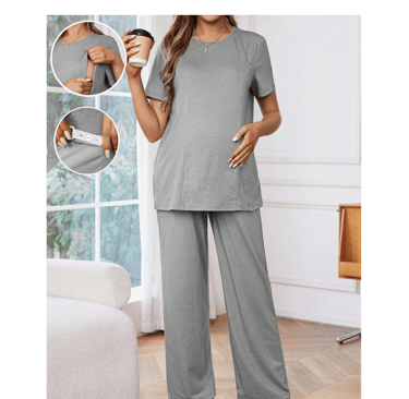 Grey maternity short sleeve breastfeeding top with matching adjustable pants – soft knit, nursing