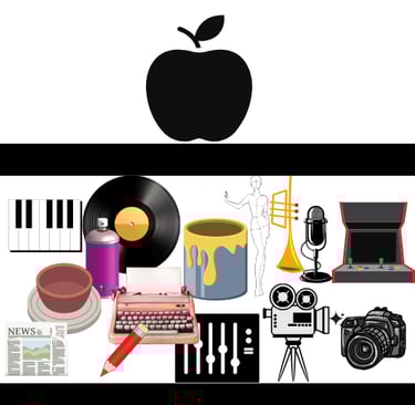 Cartoons show an apple crushing tools of creativity: a piano, a record, spray paint, a trumpet, etc.