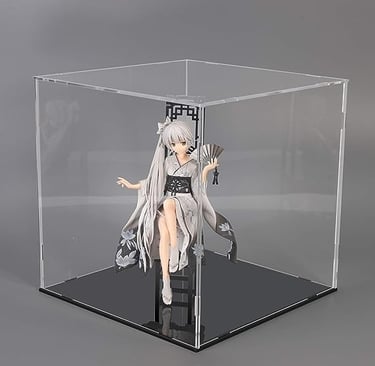 Anime figure in clear acrylic display case with black base.