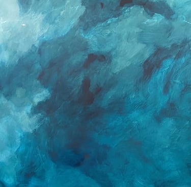 Abstract deep teal blue atmospheric mural with soft cloud-like movement; vokes the feeling of thought unfolding underwater