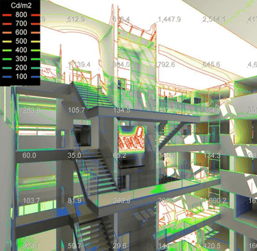 Computer-generated illuminance levels in the interior of a multistory building.
