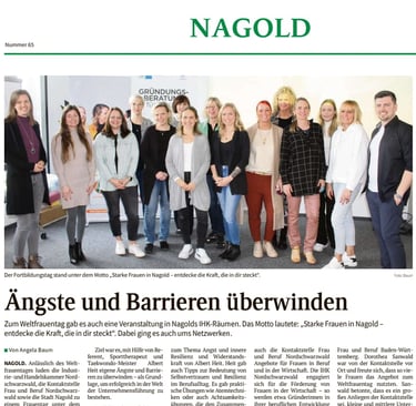 Zeitungsartikel zum Weltfrauentag in Nagold mit dem Thema „Ängste und Barrieren überwinden“ – Gruppenfoto mit Teilnehmenden u