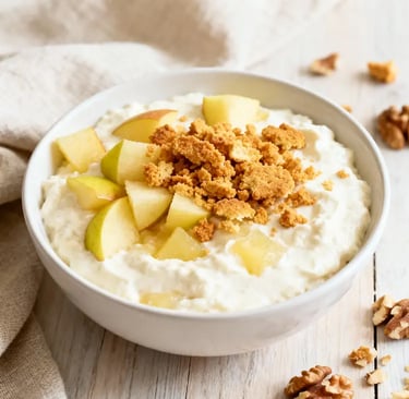 Apfelmus-Quark in einer Schale, mit Keks-Streuseln bestreut.