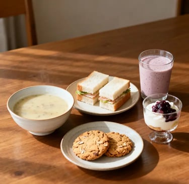 Tisch mit einer Schale cremiger Suppe, einem Glas Smoothie, kleinen Sandwiches, Haferkeksen und einem Dessert im Glas