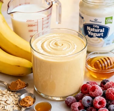  Cremiger  Smoothie in einem Glas, hellgelb und frisch gemixt.