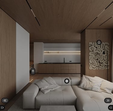 360 virtual tour of a modern interior rendering with dynamic features, by Visualise, 3D architectural rendering services.