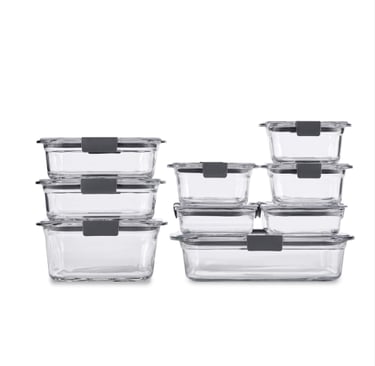 Rubbermaid Brilliance 18-piece glass food storage set with airtight leak-proof lids.