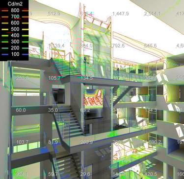 Computer-generated illuminance levels in the interior of a multistory building.