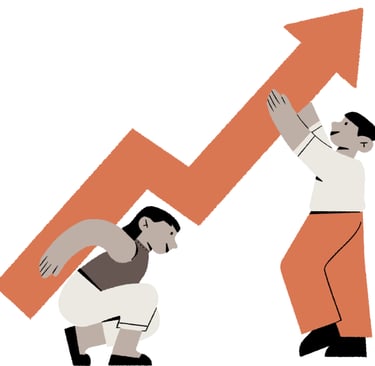 a man is holding a large arrow pointing up to a downward arrow