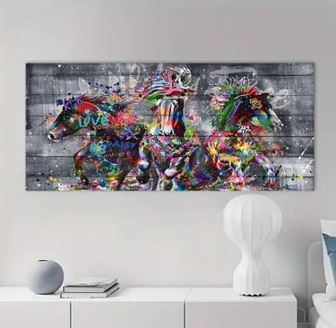 Colorful abstract horse artwork printed in large format.