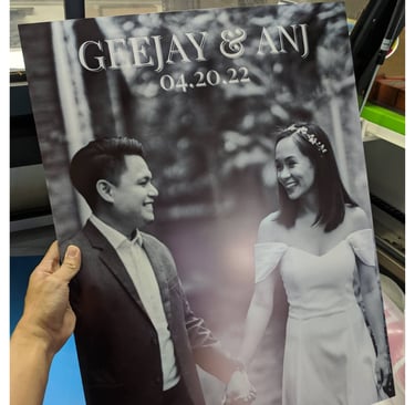 Custom wedding sticker on sintra board with couple's photo.