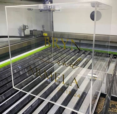 Clear Acrylic Wedding Box with gold lettering personalized for 'BRYN and ARMELA' dated '04.18.24'