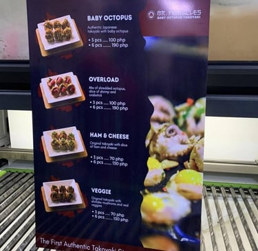 Mr. Tentacles menu Sintra board, authentic Takoyaki varieties, first in Philippines.