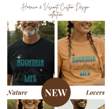 a man and woman wearing mountain themed tshirt